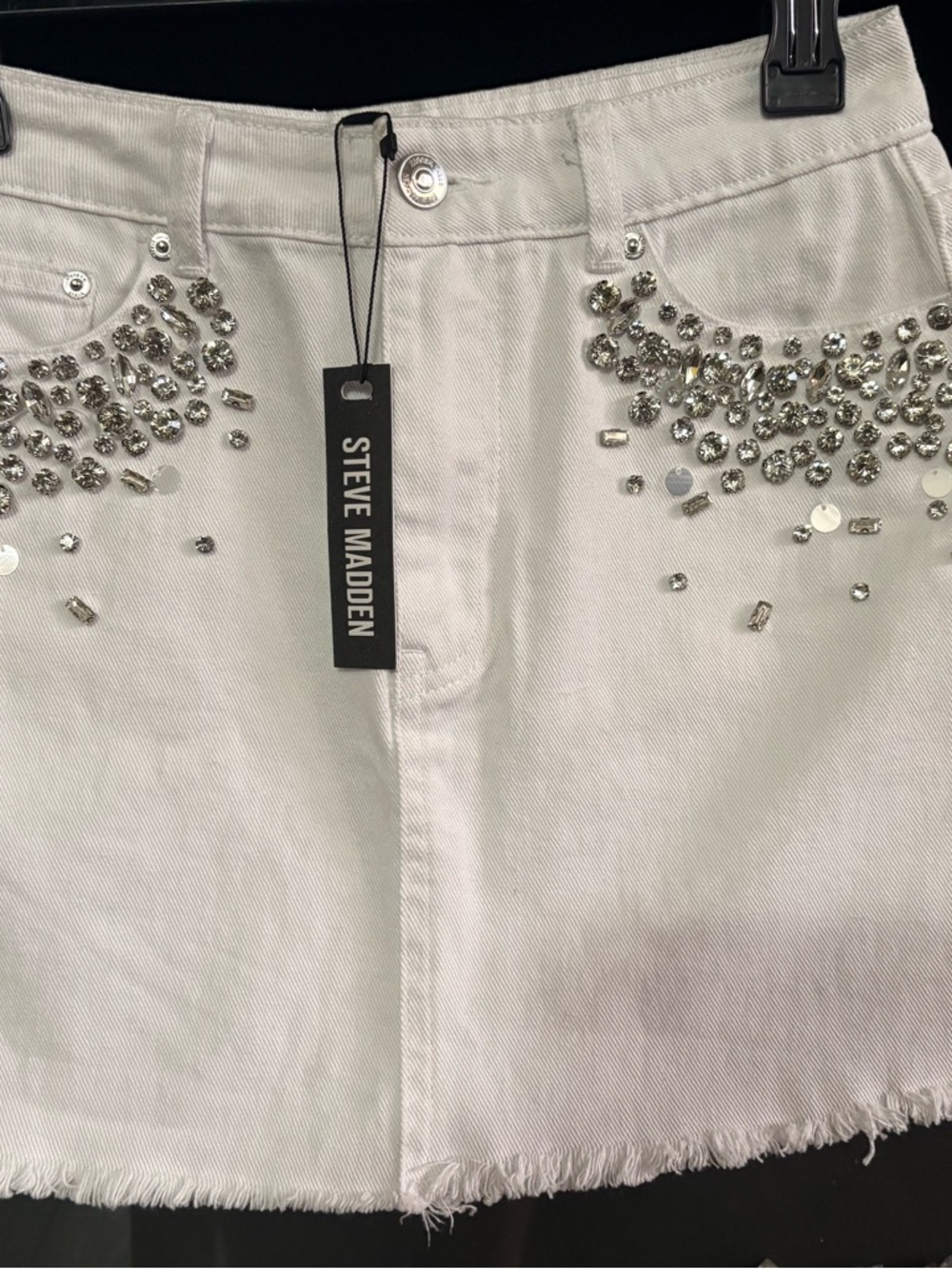 Steve Madden White Denim Mini Skirt with Crystal Pocket Embellishments